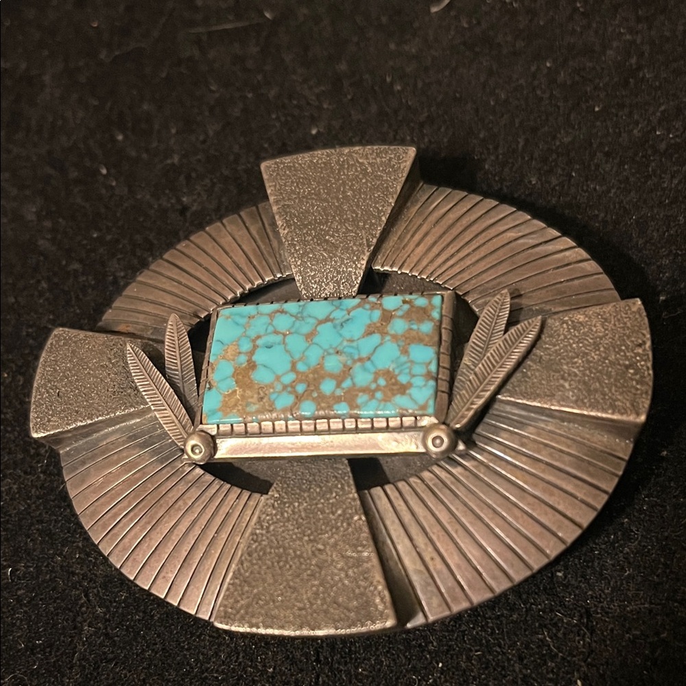 Native American vintage Algonquin Sterling, silver and turquoise belt buckle